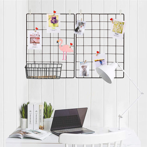 GBYAN Wall Grid 2 Pack Wire Photo Grid Panels Black Memo Board Wall Organizer (Black)