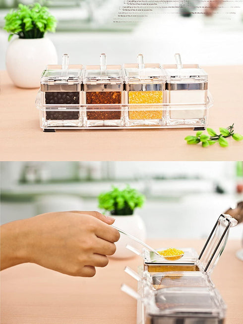 Tenta Kitchen Gourmet Acrylic Seasoning Box - Premium Quality Pure Acrylic Container and Case- 18/8 Stainless Steel Ring - 4 Serving Spoons -Luxurious Condiment Cruet Bottle, Spice Jar Set