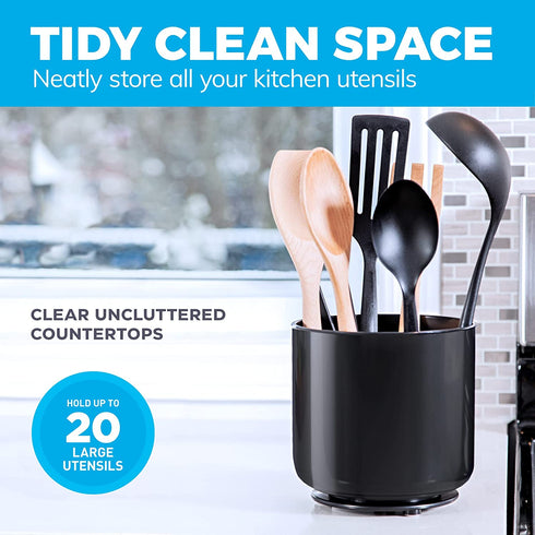Rotating Extra Large Utensil Holder Crock with No-Tip Weighted Base, Removable Divider, And Gripped Insert - Dishwasher Safe Kitchen Utensil Holder For Kitchen Counter: Cooking Black Utensil Caddy