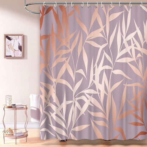 Pink Shower Curtain Rose Gold Tropical Leaves on Purple Background Modern Luxury Bathroom Shower Curtains Fabric Waterproof with Hooks, 72" x 72"
