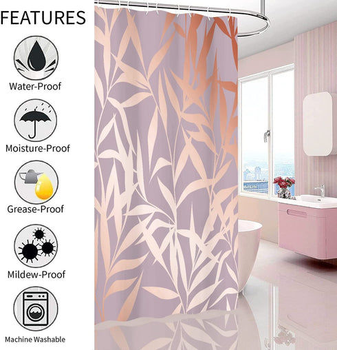 Pink Shower Curtain Rose Gold Tropical Leaves on Purple Background Modern Luxury Bathroom Shower Curtains Fabric Waterproof with Hooks, 72" x 72"