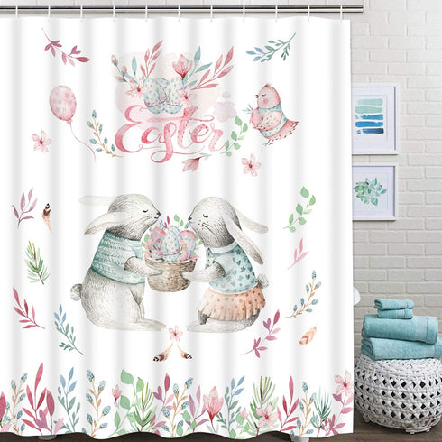 Happy Easter Day Shower Curtain with 12 Hooks, Cute Rabbits and Easter Eggs Shower Curtain, Waterproof Durable Flower Plant Shower Curtain for Easter Day Bathroom Decoration