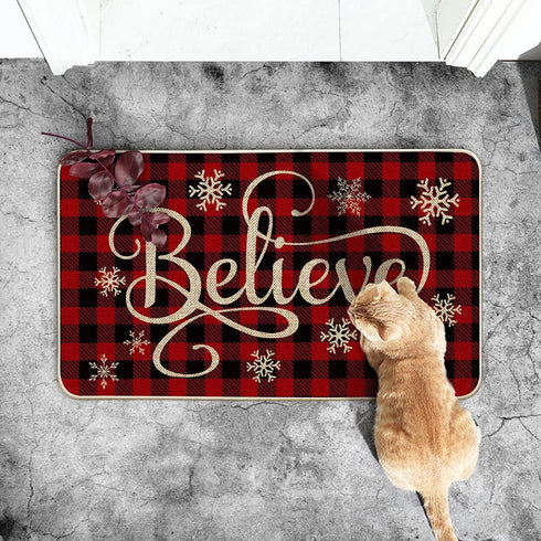 Artoid Mode Buffalo Plaid Snowflake Believe Decorative Doormat, Seasonal Winter Christmas Holiday Low-Profile Floor Mat Switch Mat for Indoor Outdoor 17 x 29 Inch