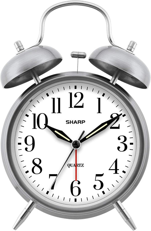 Sharp Twin Bell Alarm Clock - Loud Alarm - Great for Heavy Sleepers - Battery Operated Quartz Analog ¦ (Brushed Silver)