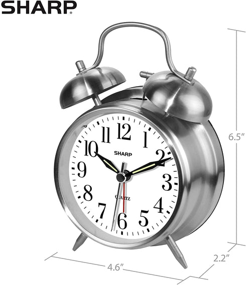 Sharp Twin Bell Alarm Clock - Loud Alarm - Great for Heavy Sleepers - Battery Operated Quartz Analog ¦ (Brushed Silver)