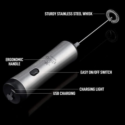Zulay Super High Powered Rechargeable Milk Frother & Milk Foamer for Coffee - Portable Handheld Frother Whisk for Latte, Cappuccino, Matcha - Includes 1-Single & 1-Double Coil Whisks, Unlimited Life