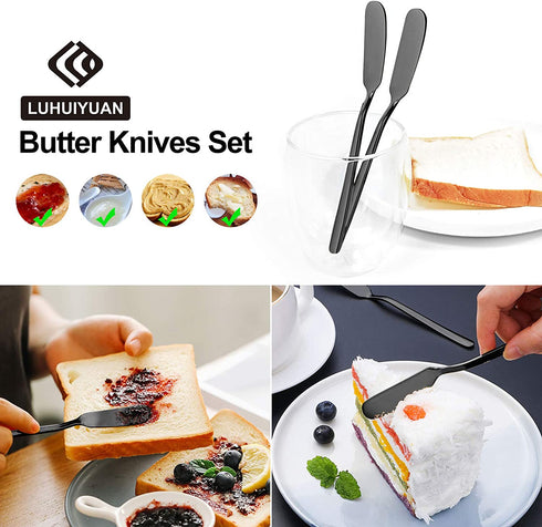 LUHUIYUAN Stainless Steel Flatware Set of 6, 2 of Magic Butter Knives Spreader with Holes, 2 of Stainless Steel Classic Cheese Spreaders, 2 of Cocktail Forks for Butter, Cheese, Jelly, Jam, Dessert