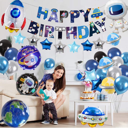 Outer Space Party Balloons, 60PCS Birthday Party Decorations Universe Space Theme Supplies Astronaut Balloon, Happy Birthday Banner Space Party Supplies for NASA Decorations for Birthday Party