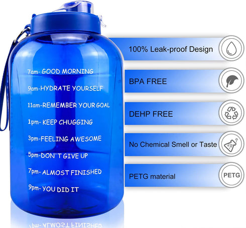 DB & PROSPER Large One Gallon Blue Motivational Water Bottle With Time Marker | Bottles | Hydration | Gym | Exercise | Hiking | camping | water jugs | sports accessories | wellness