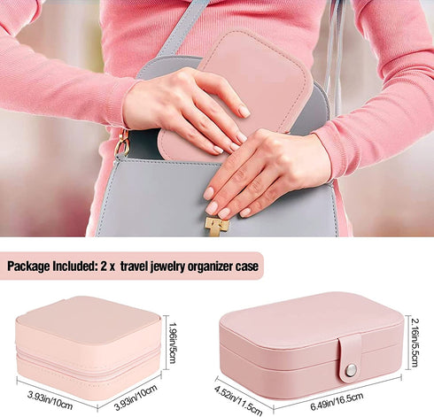 EEEKit 2 Pack Travel Jewelry Organizer Case, Portable Small Double Layer Jewelry Box for Traveling, PU Leather Jewelry Storage Boxes for Earrings Necklace Ring Bracelet Watch Bangle Display (Pink)