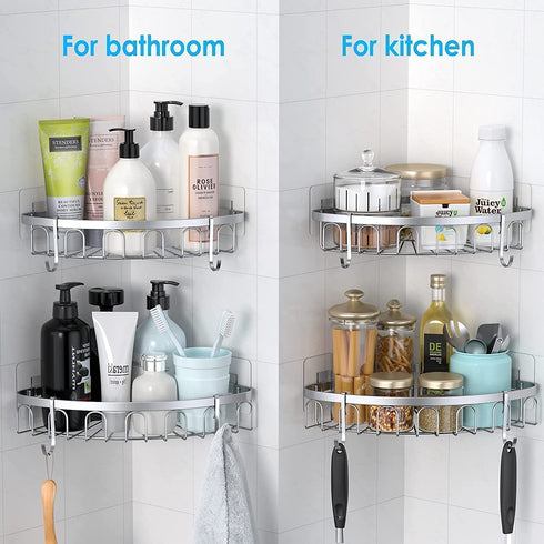stusgo Corner Shower Caddy, Shower Shelf, Adhesive Shower Wall Caddy, SUS304 Stainless Steel Shower Rack Corner, Bathroom Storage Organizer Rustproof with 4 Hooks for Dorm Kitchen, 2 Pack