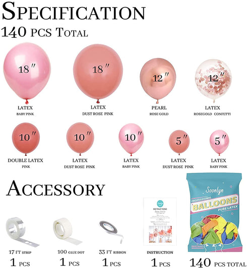 Soonlyn Pink Balloon Garland Arch 140 Pcs Rose Gold Balloon Garland Kit Double Stuffed Mauve Dusty Rose Balloon for Bridal Shower Baby Shower Birthday Party
