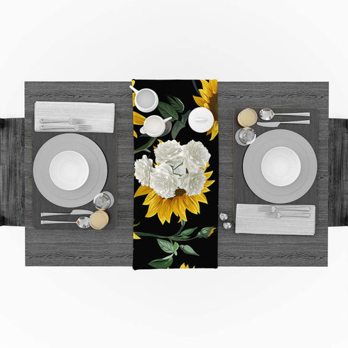 Seamless Pattern Sunflowers Table Runners Cotton Linen Rectangle Dresser Scarf for Family Dinners Office Kitchen Tables or Gatherings Indoor Outdoor Party Decor 16x72inch Black Background