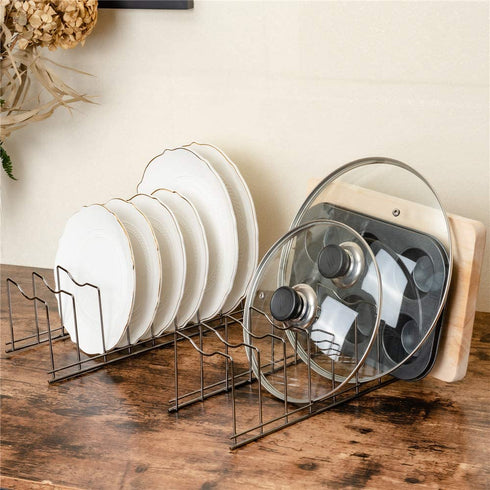 SANNO Pan and Pot Lid Organizer Rack for Pot Lids, Plates, Cutting Boards, Bakeware, Cooling Rack, Serving Trays, Total 8 Compartments, Stainless Steel Black nickel Pack of 2