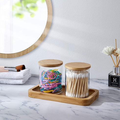 YININE Bamboo Vanity Tray, Bathroom Tray Organizer Glass Qtip Holder Dispenser Apothecary Jars for Cotton Swabs Balls Round Pad Perfume Candles Cosmetics Jewelry Makeup