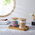 YININE Bamboo Vanity Tray, Bathroom Tray Organizer Glass Qtip Holder Dispenser Apothecary Jars for Cotton Swabs Balls Round Pad Perfume Candles Cosmetics Jewelry Makeup
