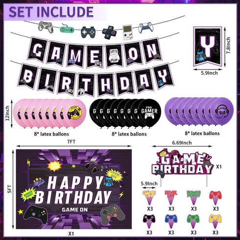 Video Game Birthday Party Decorations, Game On Birthday Party Supplies for Boys and Girls, Purple Gaming Themed Party Supplies, 52 Piece Gamer Birthday Decorations for Game Fans