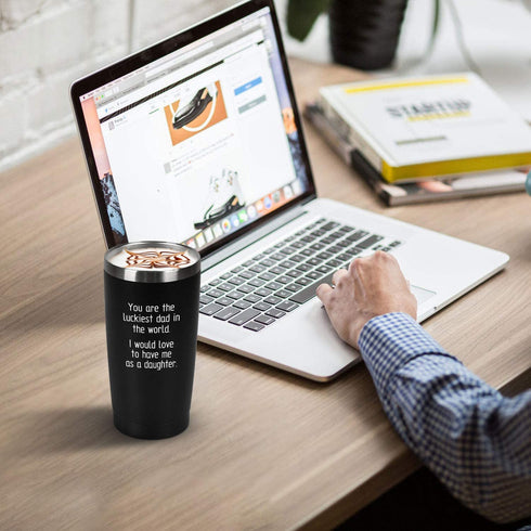 Father's Day Gifts You Are the Luckiest Dad in the World Travel Tumbler, Funny Birthday Gifts for Dad Father Best Dad Men from Daughter Kids, 20 Oz Insulated Stainless Steel Tumbler with Lids, Black