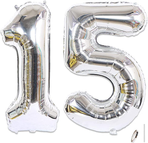 2pcs 40 Inch Number Balloon Foil Balloons Number 15 Jumbo Giant Balloons Prom Balloon Mylar Huge Number Balloon for Birthday Party Decoration Wedding Anniversary, XXXL Silver 15 Number Balloon
