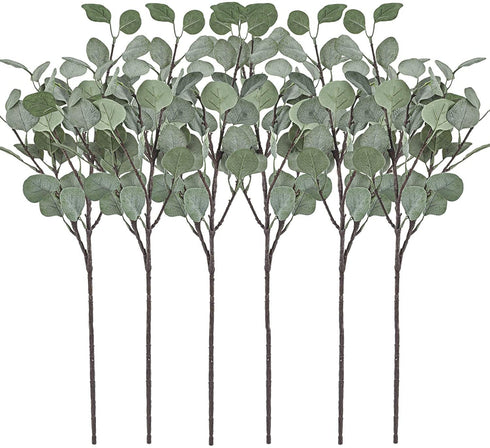 Artificial Eucalyptus Stems Leaves 6 Pcs Straight Silver Dollar Eucalyptus Leaf Silk Greenery Bushes Plastic Plants Floral Faux Greenery Stems for Party Wedding Home Decor(Grey Green)