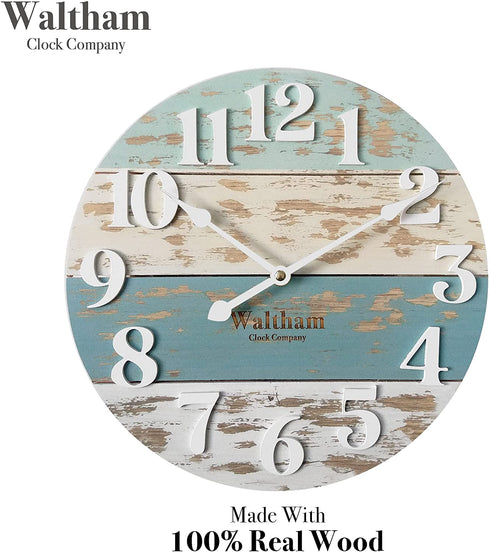 Waltham Real Wood Wall Clock, 10.8 inch, Battery Operated, Coastal Blue/White Finish - Made from Real Wood not Particle Board or MDF- 100% Real Wood!