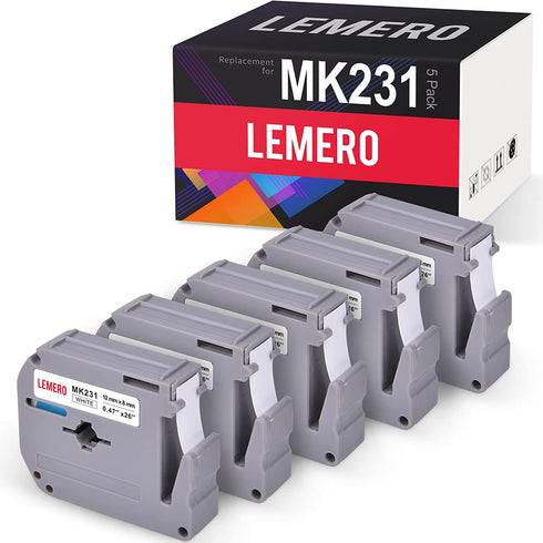 LEMERO Compatible with Brother M Tape M-K231 M231 MK231 M-K231s 12mm x 8 Meter White Label Tape - for Brother PT-65 PT-70 PT-80 PT-90 PT-45M 26.2 Feet Black on White (5 Pack)