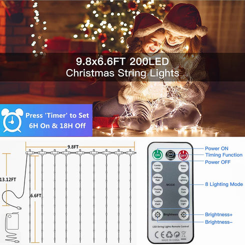 Curtain String Lights, Battery Operated & USB Powered 9.8x6.6Ft 200LED Hanging Christmas Fairy Lights with Timer & Waterproof Function for Outdoor Indoor Bedroom Wall Decor, Warm White