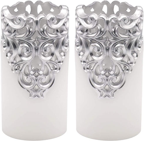 DRomance Hollow Silver Flameless Flickering Candles with 5H Timer, Battery Operated LED Pillar Candles Unscented Wax Warm Light Christmas Home Decoration(Set of 2, 3 x 6 Inches)