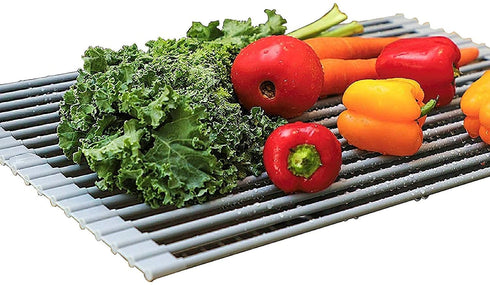 iPEGTOP Roll Up Dish Drying Rack with 304 Stainless Steel Plates Holder Pot Lid Organizer, Over the Sink Kitchen Foldable Multipurpose Dish Drainer Rack for Fruits Vegetable,16.9" x 12.6"