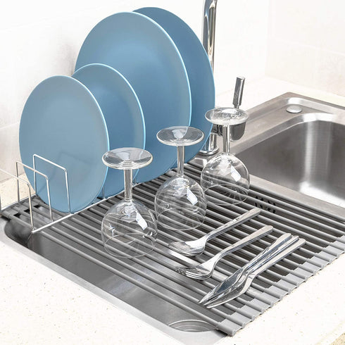 iPEGTOP Roll Up Dish Drying Rack with 304 Stainless Steel Plates Holder Pot Lid Organizer, Over the Sink Kitchen Foldable Multipurpose Dish Drainer Rack for Fruits Vegetable,16.9" x 12.6"