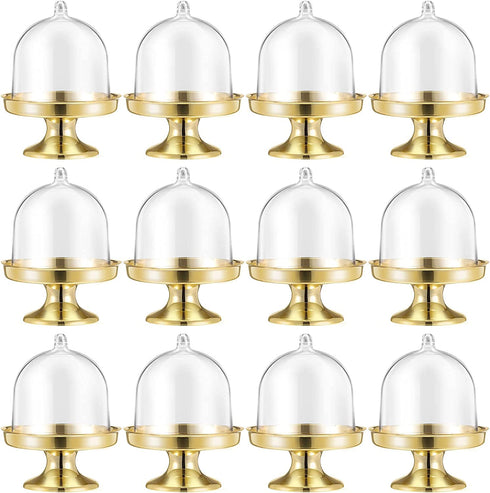 BESTONZON 12pcs Mini Cake Stand Chocolate Cupcake Candy Display Plate with Lid for Birthday Wedding Party Supplies - 8 x 6 x 6cm (Golden Base)