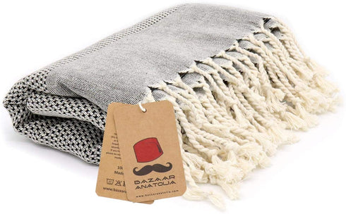 Bazaar Anatolia Acacia Turkish Towels 100% Cotton Beach Towels Oversized 77x38 Bath Towel Boho Farmhouse Decor Sheets Travel Camping Sauna Gym Pool Quick Dry Towels (Black)