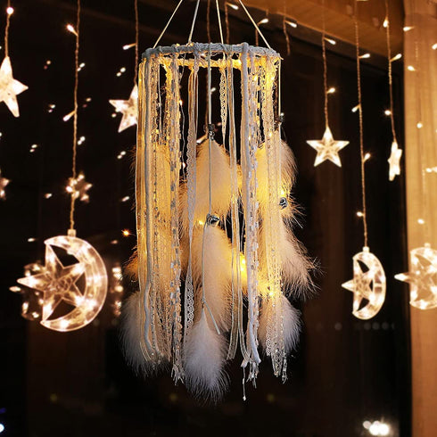 Alynsehom Feather Dream Catcher with LED Lights Silver Bells Large Boho Light up Dreamcatcher Baby Kids Bedroom Wall Hanging Decoration Wedding Party Ornament Gift Nursery Decor (White Feather)