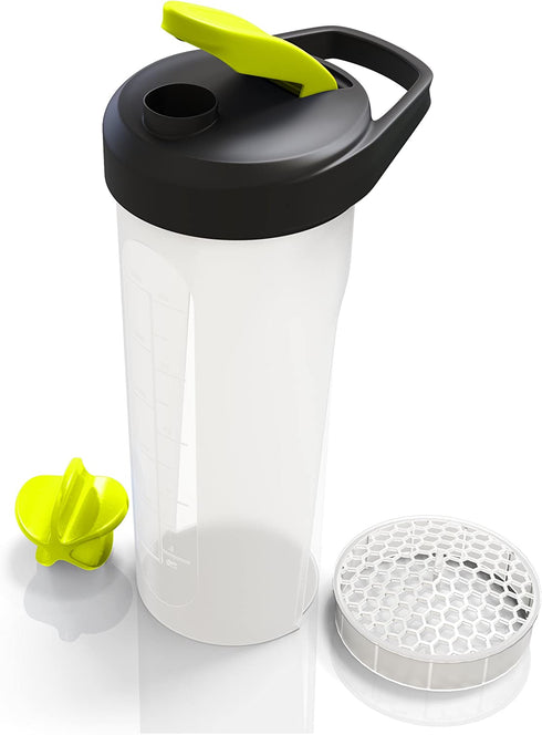 BluePeak Protein Shaker Bottle 28 oz with Dual Mixing Technology, Strong Loop Top, BPA Free, Shaker Balls & Mixing Grids Included - On-The-Go Large Protein Shakers (3 Pack - Black, Yellow, Pink)