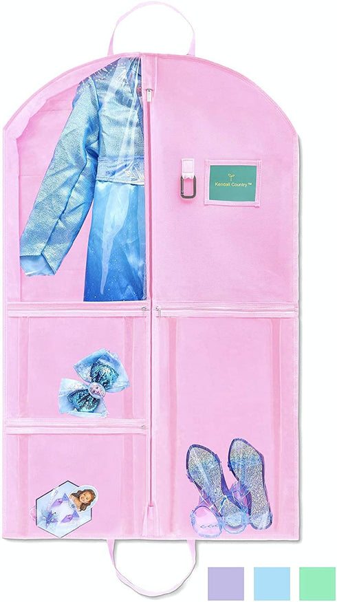 Waterproof Hanging Garment Bag 40 inch Clothes Bag with Gusset, 5 Pockets & Side Zip for Dance Costumes, Sports, Skating, Theatre, Beauty Pageants & More by Kendall Country, Cotton Candy Pink