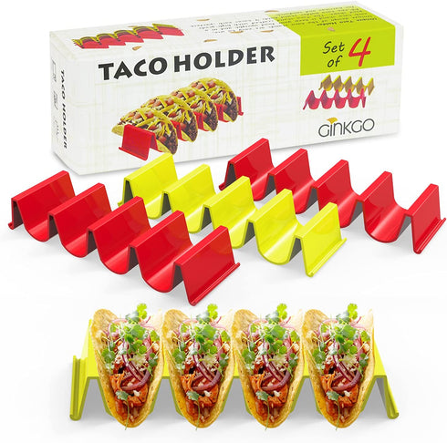 GINKGO Taco Holders Colorful - Taco Tray Stand on Table, Including 4 sets and 3 Colors, Holds up to 4 Tacos Each, PP Health Material and Dishwasher Safe, Heavy-duty, for Home, Party, Kids