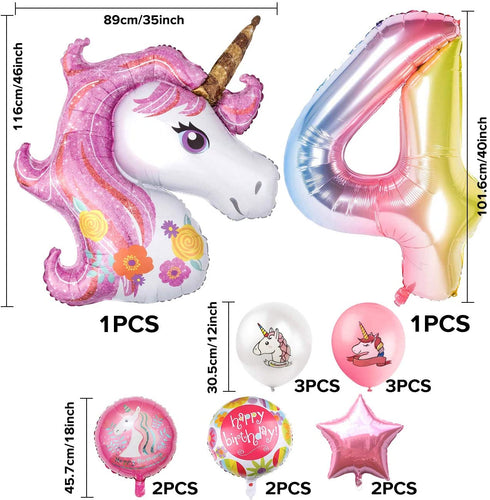 MOVINPE Number Balloons Birthday Party Decorations for Girls, 43" Pinks Jumbo Large Mylar Foil Balloon Bouquet, Round Round-Shape Foil Balloon, Girly Theme Party Supplies Backdrop (Unicorn #4)