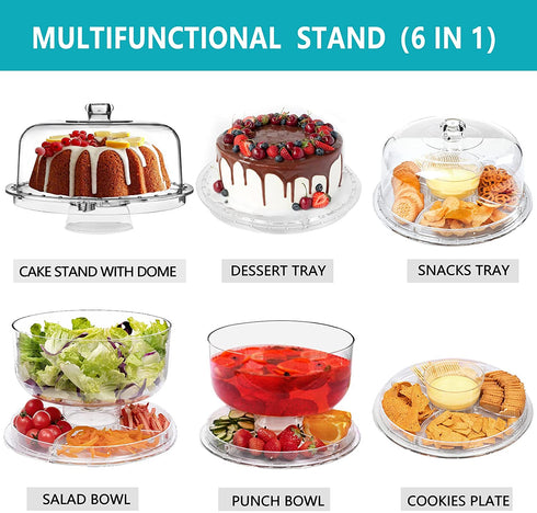 HBlife Acrylic Cake Stand with Dome Cover Multifunctional Serving Cookie Platter Punch Bowl and Cake Plate for Dessert Table Display for Parties (6 Uses)