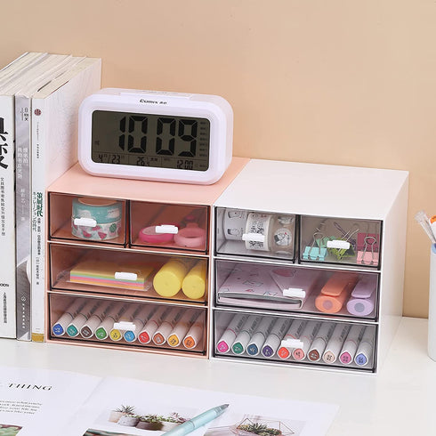 Comix Desk Organizer with Drawer, Desk Storage Box with 4 drawers, Plastic Office Stationery Supplies Organizers, Desktop Organizer for Office School Home (Pink)