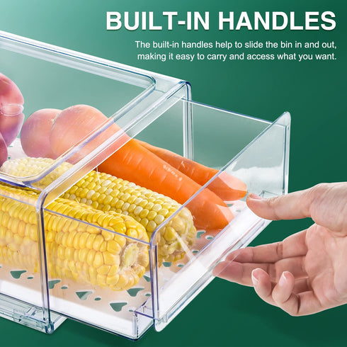 Set of 3 Fruit Vegetable Storage Container Refriger Organizer Food Bin Stackable Durable Pantry w Drawers,Pull-out Design Cabinet Containers w/ Lid Ventilation for Keeping Fruit Vegetable Fresh