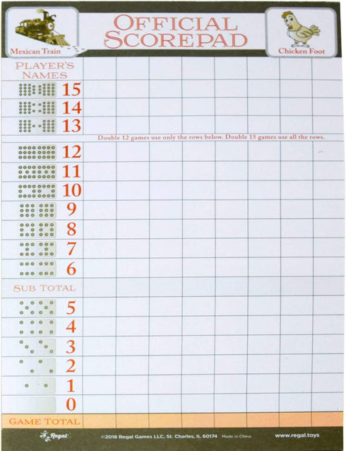 Regal Games Official Scorepad, Mexican Train Dominoes, Chicken Foot, 100 Sheets