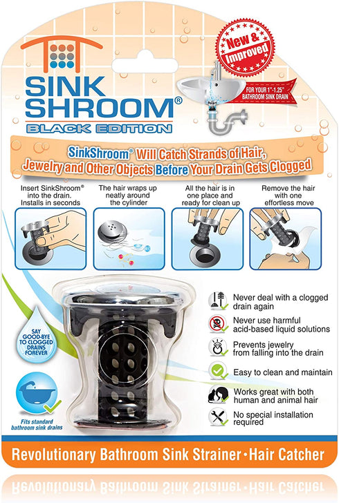 SinkShroom Chrome Edition Revolutionary Bathroom Sink Drain Protector Hair Catcher, Strainer, Snare, Black