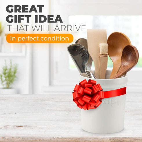 PriorityChef Kitchen Utensil Holder for Countertop, Heavy Ceramic Utensils Caddy, Large Spatula Organizer Utensil Crock, Ivory
