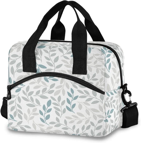 Grey Blue Leaves Lunch Bag with Shoulder Strap for Women Men Insulated Lunch Box Tote Bags Water-resistant Cooler Bag for Office Work Picnic Beach (11x7x9 Inch)