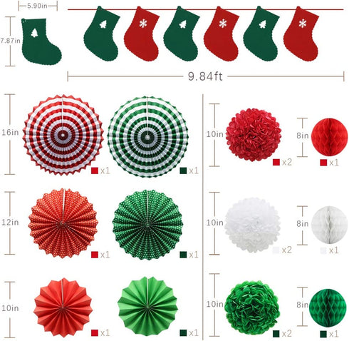 ADLKGG Christmas Party Decorations Hanging Paper Fans Christmas Socks Banner Pom Poms Flowers Paper Honeycomb Balls for Birthday Home Garden Indoor Outdoor New Years Eve Party Decor, 16pcs