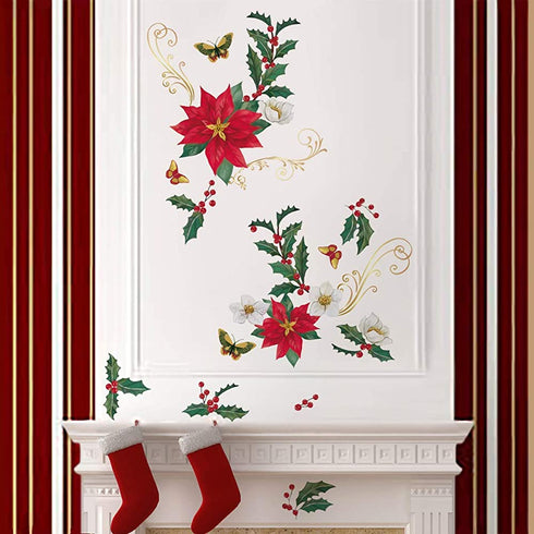 ufengke Christmas Poinsettia Flower Wall Stickers Butterflies Window Clings Decal for Showcase Home Decor Merry Christmas Decoration