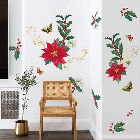 ufengke Christmas Poinsettia Flower Wall Stickers Butterflies Window Clings Decal for Showcase Home Decor Merry Christmas Decoration