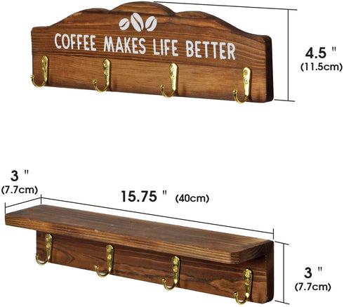 J JACKCUBE DESIGN Coffee Mug Rack, Wall Mounted Wooden 12 Coffee Cup Holder Organizer with Coffee Sign for Home Kitchen Cafe Decor - MK737A