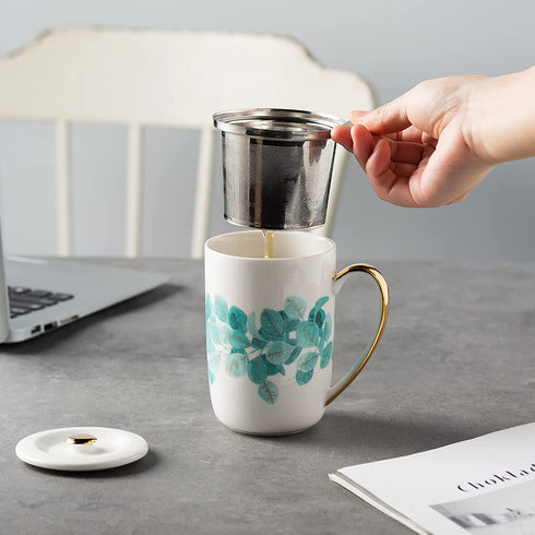 SLixuhay Porcelain Tea Infuser Mug with Lid,15oz Ceramic Tea Cup Travel Mug for Birthday Holiday Mother's Day Father's Day Gifts