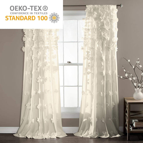Lush Decor Riley Curtain Sheer Ruffled Textured Bow Window Panel for Living, Dining Room, Bedroom (Single), 84 x 54, Ivory